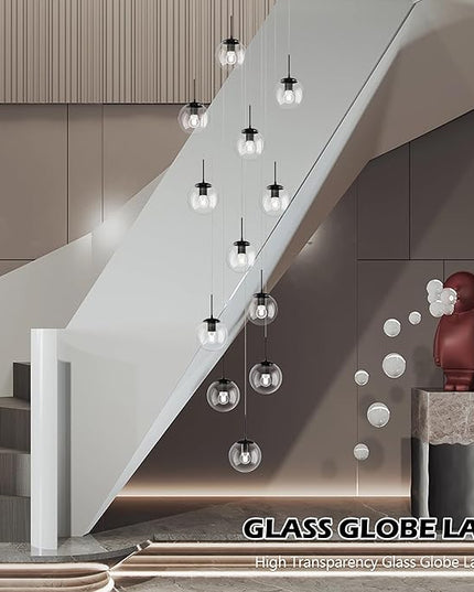 KoKo&Yukina 12-Light Black Mid Century Modern Chandelier for Living Room Staircase Chandelier for Entryway Clear Globe Glass Chandelier High Ceiling Chandeliers Foyer Entryway (Bulb & Remote Incl.)