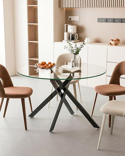 47.24" Round Glass Dining Table Modern Kitchen Glass Top Table for 6 with Black Metal Legs, Clear Dining Table Kitchen Table for Home Office Dining Room