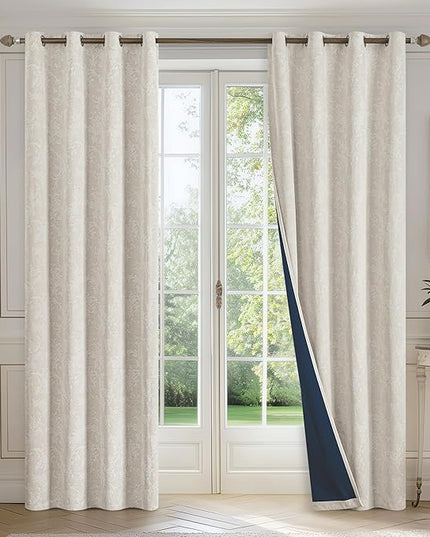 FMFUNCTEX Beige Floral Jacquard Blackout Curtains 63 Inch Length for Bedroom, Scroll Flower Chenille Farmhouse Curtains for Living Room Darkening Thermal Insulated Grommet Window Drapes 2 Panels