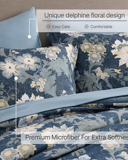 Full Comforter Set -7 Pieces Floral Navy Blue Comforter Set for All Seasons, Bed in a Bag Full with Botanical Flowers Comforter, Sheets, Pillowcases & Shams