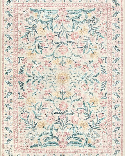 Wonnitar Machine Washable 10x14 Area Rugs, Large Living Room Rug Floral Pink and White Carpet, Boho Soft Ultra-Thin Foldable Carpets for Bedroom Dining Room Office