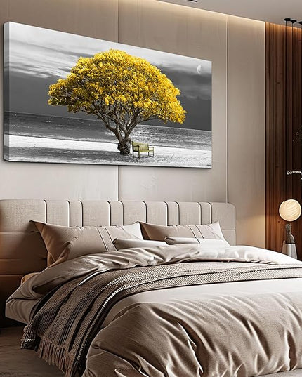 wall art for living room Decorations Photo Prints - panoramic black and white with yellow trees The moon scenery - Modern Home Decor The room Stretched and Framed Ready to Hang artwork 24X48inches