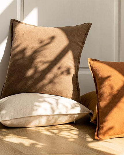 Foindtower Pack of 2, Decorative Linen Soild Throw Pillow Covers Soft Accent Cushion Case Boho Farmhouse Neutral Pillowcase for Chair Couch Sofa Bedroom Living Room Home Decor 26 x 26 Inch Light Brown
