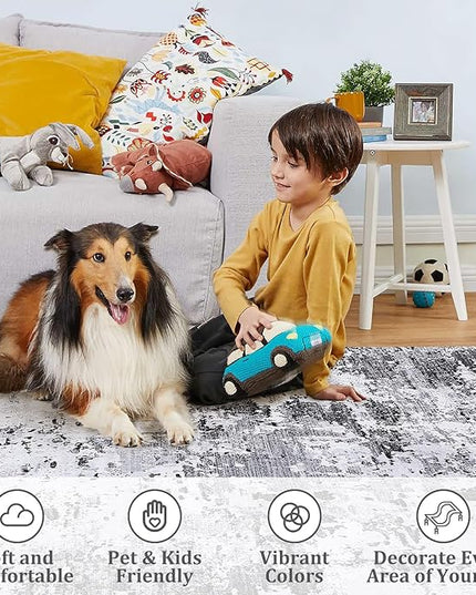 9x12 Modern Abstract Accent Rug Non Slip for Living Room Stain Resistant Throw Rug Low Pile Machine Washable Indoor Floor Cover for Bedroom Office Home Decor, Grey