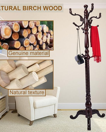 Coat Rack Freestanding with 18 Hooks, Wooden Standing Coat Racks for Entryway, Solid Wood Clothes Hanger Rack with Sturdy Round Base for Entryway, Hall, Bedroom, Office, Hallway (Triangular base)