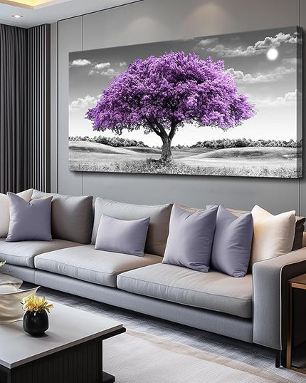 Large Canvas Wall Art for Living Room Wall Decor for Office Aesthetic Bedroom Wall Decorations Purple Tree Landscape Painting Black and White Pictures Artwork Room Modern Home Decor
