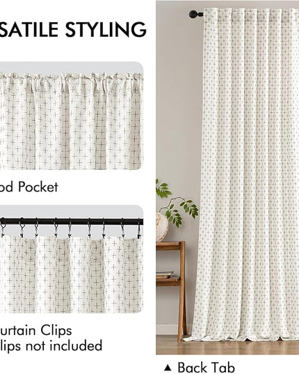 MIULEE Decorative Back Tab Linen Curtains with Geometric Pattern for Living Room Bedroom Farmhouse Rustic Thick Woven Textured Patterned Mudcloth Drapes 63 Inch Length 2 Panels Set, Pure White