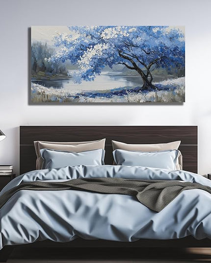 JuhaiArt Scenery Picture Wall Decorations Large Tree Wall Art Blue Canvas Wall Art for Living Room Bedroom Office White Poster 29"x 59"