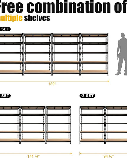 PrimeZone 48" W x 24" D x 72" H Heavy Duty Storage Shelves, 5 Tier Adjustable Garage Shelving Unit, Metal Organizer Shelf Utility Rack for Warehouse Pantry Closet Kitchen, Black, 8 Pack