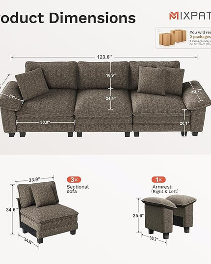 123" Cloud Modular Sectional Sofa, 3-Seater w/Deep Seat & Removable Arms, Plush Chenille for Living Room - Smoky Gray