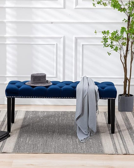 KCC Button-Tufted Ottoman Bench, Upholstered Bedroom Benches Velvet Footrest Stool Accent Bench for Entryway Dining Room Living Room Bedroom End of Bed, Blue