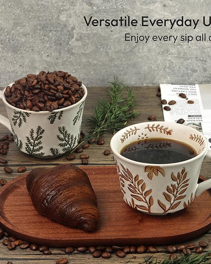 Ceramic Coffee Mug, 12 oz Novelty Unique Teacup with Handle, Stoneware Cup for Tea Mocha Latte Cappuccino Espresso (Set of 2, Ivy and Leaf)