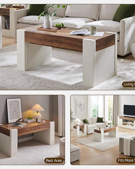 OKD 48" Modern Farmhouse Coffee Table, Wooden Living Room Table with Hidden Storage Drawer, Rustic Rectangular Center Tables with Wood Thick Design for Living Room, Office, Antique White