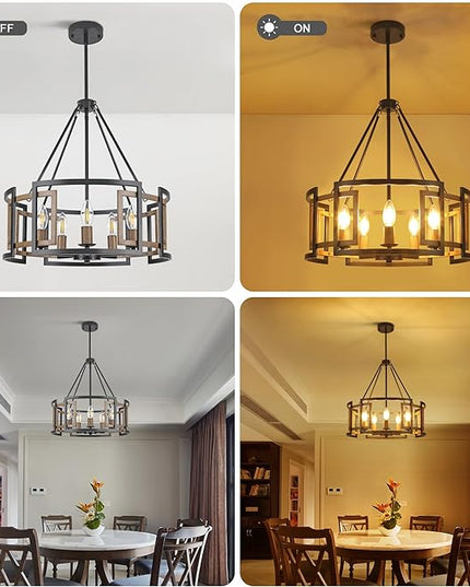 5-Light Drum Chandelier for Dining Room，19.7" Rustic Farmhouse Dining Room Light Fixture，Wood Grain and Vintage Black Metal Chandeliers for Kitchen Entryway Living Room