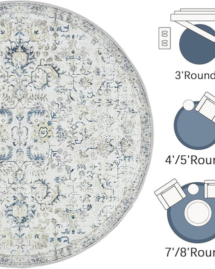 jinchan Kalen Round Rug 8ft Area Rug Washable Vintage Indoor Retro Accent Floor Cover Distressed Floral 8' Round Circle Boho Non Slip Thin Carpet for Living Room Dining Room Bedroom Kitchen Blue