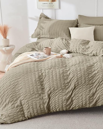 HYMOKEGE Linen King Size Comforter Set Seersucker 7 Pieces, All Season Luxury Bed in a Bag for Bedroom, Bedding Set with Comforter, Sheets, Pillowcases & Shams