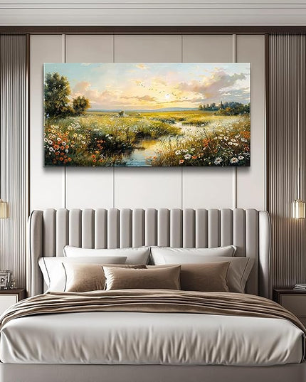 XIGUANGART Rustic Landscape Wall Art Canvas Prints Nature River Meadow flowers Large Wall Decor Sunset Pastoral Abstract Pictures Modern Artwork for Living Room Bedroom Kitchen Office Home Decorations