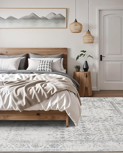 ReaLife Rugs Machine Washable Area Rug - Living Room Bedroom Bathroom Kitchen Entryway Office - Padded Low Pile Stain Resistant Premium - Boho Farmhouse Vintage - Noor - Ivory Grey 7'6" x 9'6"