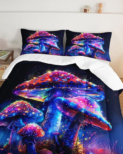 Luminescent Mushroom Comforter Queen Size, Wild Botanical Themed Bed Set Cute Kids' Bedding with 2 Pillowcases.