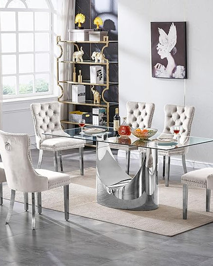 7 Piece Dining Table Set, Modern Glass Dining Table Set for 6 with Velvet Chairs, 70" Luxury Dining Table Chairs Set of 6, Kitchen Dining Room Sets for Dinner Dinette Breakfast Banquet, Beige+Silver