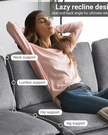 VINGLI 121" L Shape Sectional Couch, Convertible Sectional Couch for Small Living Room,Modern 3-Seat Convertible Loveseat Sofa with 1 Ottoman in Corduroy,Light Grey