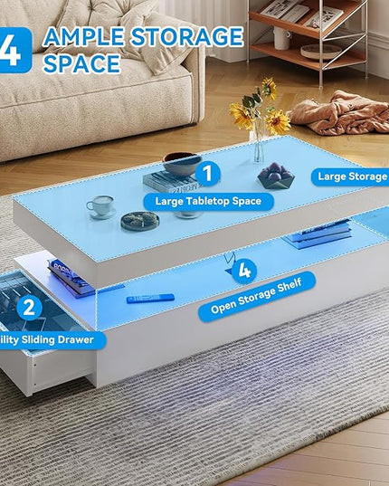 3-Piece Modern Living Room Table Set, Includes LED Coffee Table and End Tables Set of 2 with Storage Drawers, White