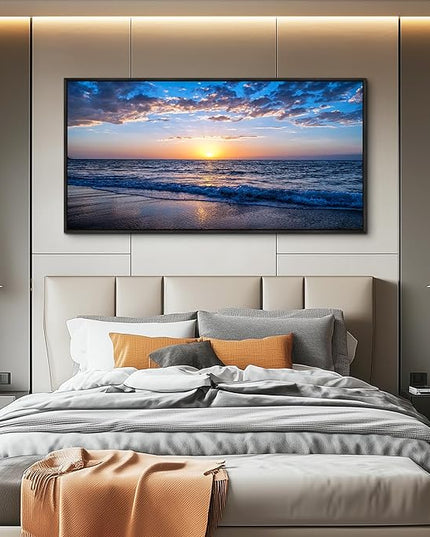 Sea Beach Framed Canvas Wall Art For Living Room Large Size Wall Decor For Bedroom Home Decor Blue Ocean Canvas Pictures Artwork Sunny Sea View Painting Office Wall Decorations Black Framed 20" X 40"