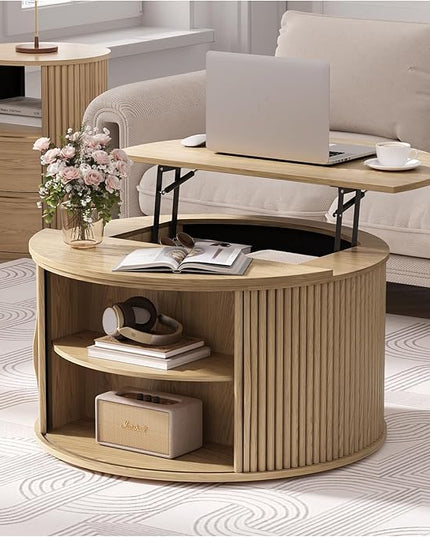 Round Coffee Table with Storage, 31.5" Drum Coffee Table with Lifting Top, Small Fluted Accent Center Table for Living Room, Oak