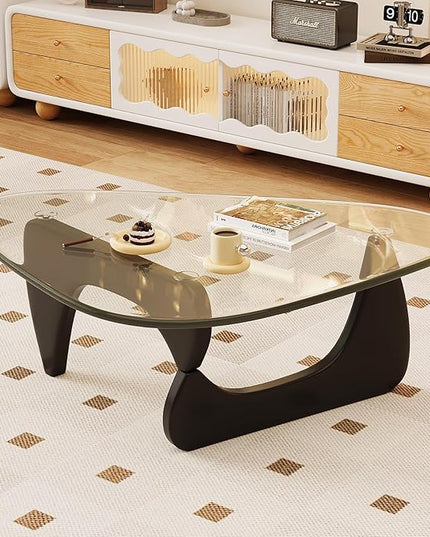 Coffee Table for Living Room Mid Century Modern Center Table with Glass Top and Wood, Transparent/Black