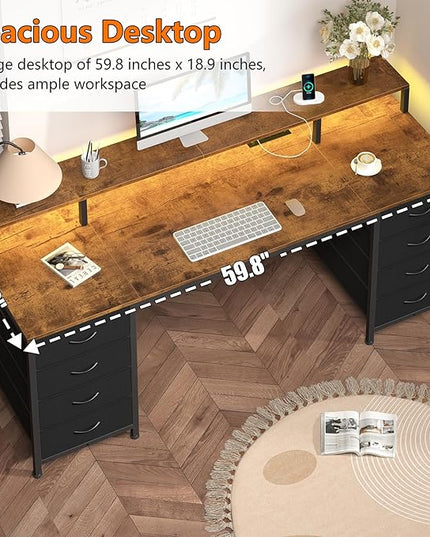 60 Inch Computer Desk with 8 Fabric Drawers, Gaming Desk with LED Lights & Power Outlets, Home Office Desk with Monitor Stand, Rustic Brown