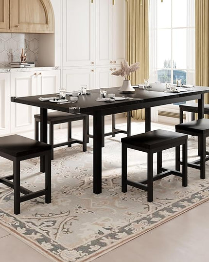 Feonase 7-Piece Dining Table Set with 6 Stools, 63" Large Extendable Kitchen Table Set for 4-8, Mid-Century Dining Room Table with Heavy-Duty Frame, Easy Assembly, Black