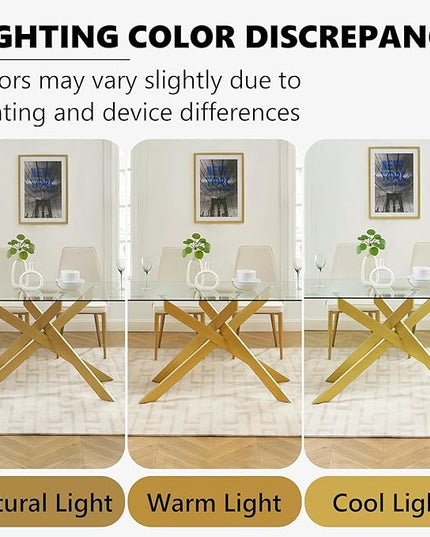 Edwin's Choice 58.5” Rectangle Glass Dining Table, Tempered Glass Table Top and Metal Tubular Legs, Modern Style Table for Home, Kitchen, Dining Room 58.5”Lx29”Wx30”H, Gold
