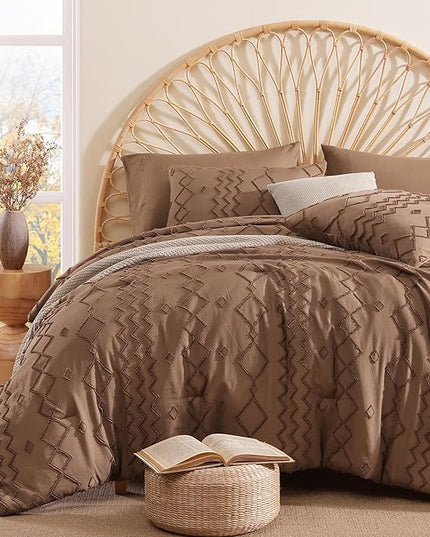 King Size Comforter Set Brown, Tufted Boho Bedding Farmhouse Bed Set, All Season 7 Pieces Bed in a Bag with Sheets, Pillowcases & Shams