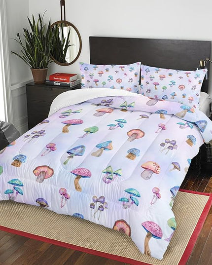 3 Piece Colorful Mushroom Comforter Set with 2 Pillow Covers,Cartoon Colorful Gradient Lightweight Soft Bedding Quilt Set for Girls Boys Kids,Full Pink Violet