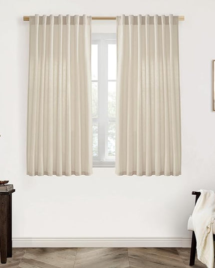 XTMYI Bathroom Window Curtains Short,Linen Sheer Boho Farmhouse Kitchen Curtains 45 Inch Length,Beige