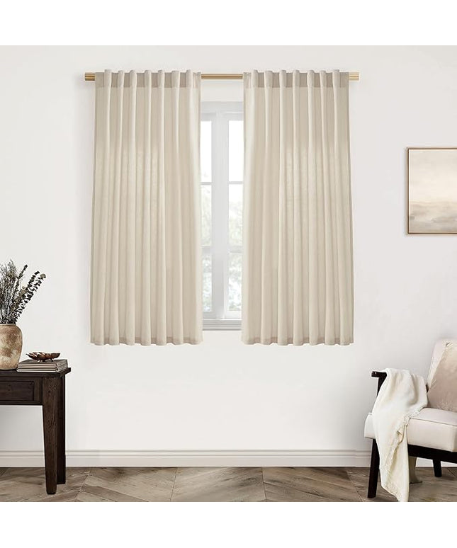 XTMYI Bathroom Window Curtains Short,Linen Sheer Boho Farmhouse Kitchen Curtains 45 Inch Length,Beige