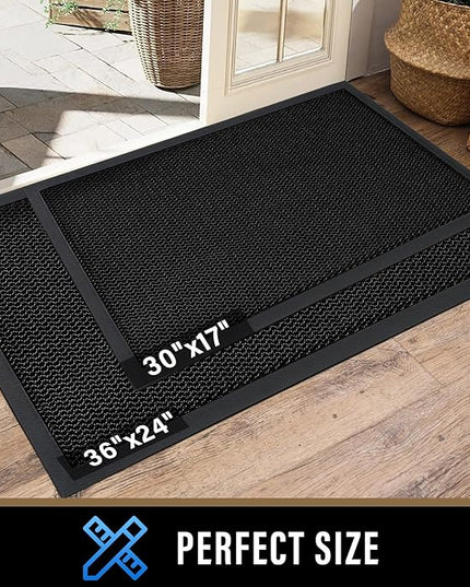 PLEASOR Front Door Mat Indoor Outdoor Entrance, Sturdy Natural Rubber Doormat, Resists Dirt and Absorbent, Low Profile Welcome Mat for Outdoor Entry, 17x30, Black
