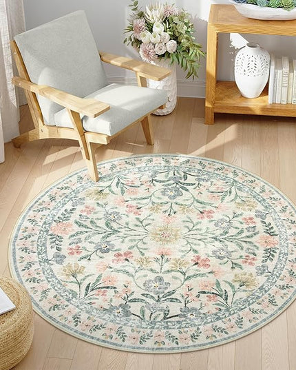 Wonnitar Round Washable Rug, Soft Floral Round Rugs 5ft Circle Carpets for Bedroom Ultra-Thin, Boho Beige Print Distressed Circular Carpet for Living Room Dorm Bedside