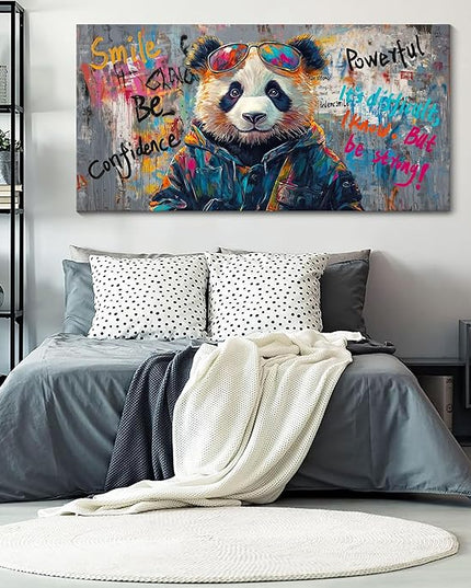 JEAWA Large Canvas Wall Art, Funny Panda Abstract Graffiti Street Art Pop Wall Picture Black and White Paintings Ready to Hang Living Room Bedroom Study Home Office Inspirational Decor 29x58 IN