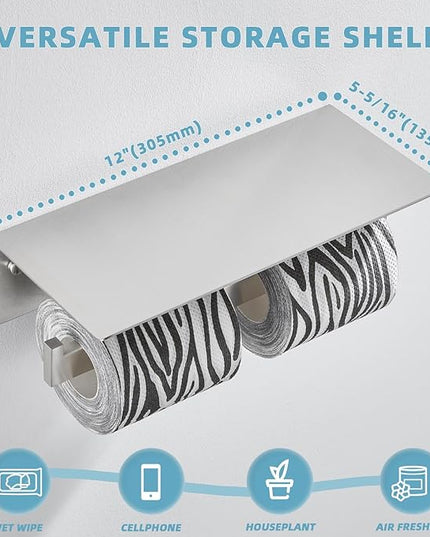 Suyar Double Toilet Paper Holder with Shelf, SUS 304 Stainless Steel Toilet Tissue Roll Holder, Brushed Nickel