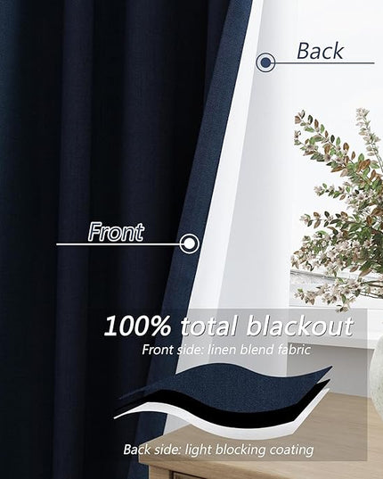 Guken Navy Blue Linen Blackout Curtains 84 Inch Length 2 Panels Set for Living Room Bedroom Back Tab Thermal Insulated 100% Black Out Linen Drapes Room Darkening Window Curtains 84 Inches Long