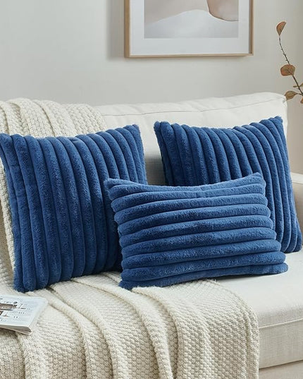 FUTEI Navy Blue Throw Pillow Covers Set of 2, 12x20 Inch Striped Texture Lumbar Pillow Cases with Soft Faux Rabbit Fur Front & Velvet Back, Modern Decorative Couch Pillows for Living Room