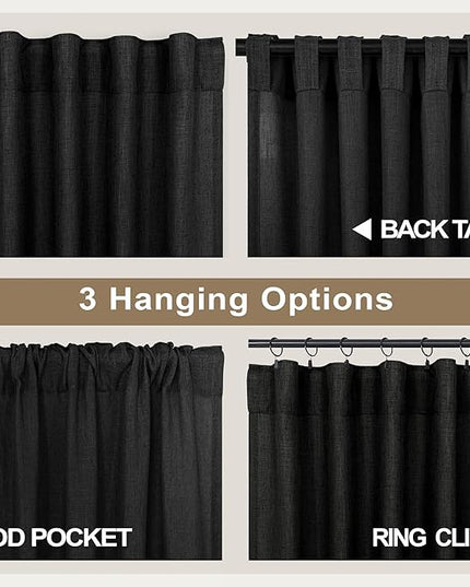Pitalk Black Linen Curtains 90 Inches Long for Dining Room 2 Panels Pair Back Tab Pocket Modern Drapes Lace Muslin Textured Semi Sheer Curtains for Bedroom Gaming Dorm Office Wedding Party Decoration