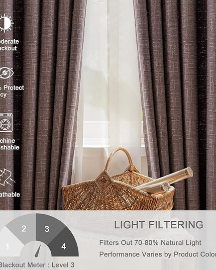 Jacquard Linen Curtains 63 inch Length 2 Panels Thick Faux Linen Blended Window Drapes Burlap Textured Curtains with Grommet for Living Room Bedroom Farmhouse (42x63 Fashion Purple) Natural