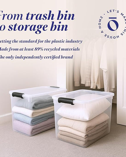 HOMZ 2-Pack Latching Lid, Large Clear Plastic Storage Bins w/Lids, 112 Quart, Gray Latch - Stackable Container Boxes for Home, Bathroom, and Office Organization