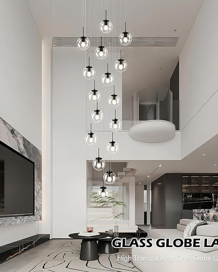 KoKo&Yukina 16-Light Black Mid Century Modern Chandelier for Living Room Staircase Chandelier for Entryway Clear Globe Glass Chandelier High Ceiling Chandeliers Foyer Entryway (Bulb & Remote Incl.)
