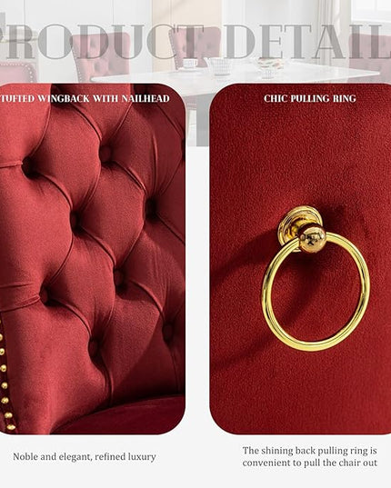 SoarFlash Velvet Dining Chairs Set of 2, Tall Back Side Chair, Modern Upholstered Side Chair with Button Back Ring, Gold Plated Stainless Steel Legs (Red)