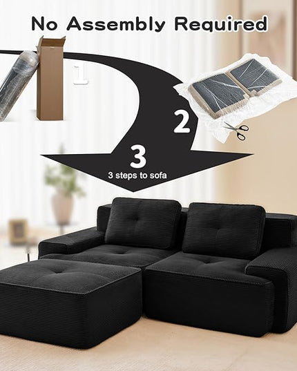 82" Convertible Modular Couches, Deep Seat L Shaped Sofas for Living Room, Modern 2 Seater Love Seat Sofa with 1 Ottoman for Small Space, Comfy Cloud Sectional Sofa Set, Corduroy Fabric Black