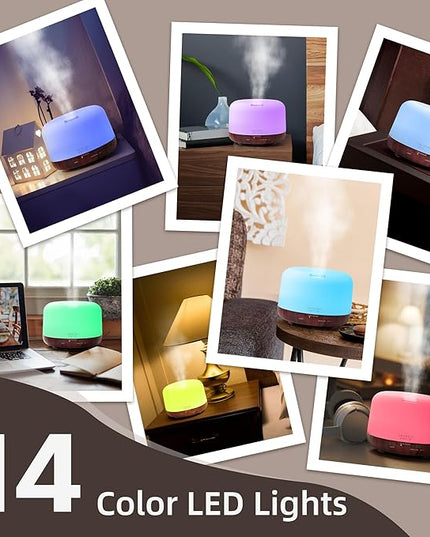 ASAKUKI Essential Oil Diffuser for Home, 500ml Aromatherapy Fragrant Oil Humidifier Vaporizer, 7-Color Light and Auto-Off Safety Switch Reddish-Brown