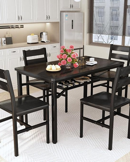 Hooseng Dining Table Set for 4, Wood Kitchen Table Chairs Set with Storage, Farmhouse 5 Piece Dining Room Table Set, Space-Saving Dinette Set for Breakfast Nook, Apartment (Black)